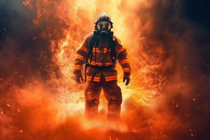 rescue fireman equipment emergency firefighter smoke fire fighter safety uniform. Generative AI.