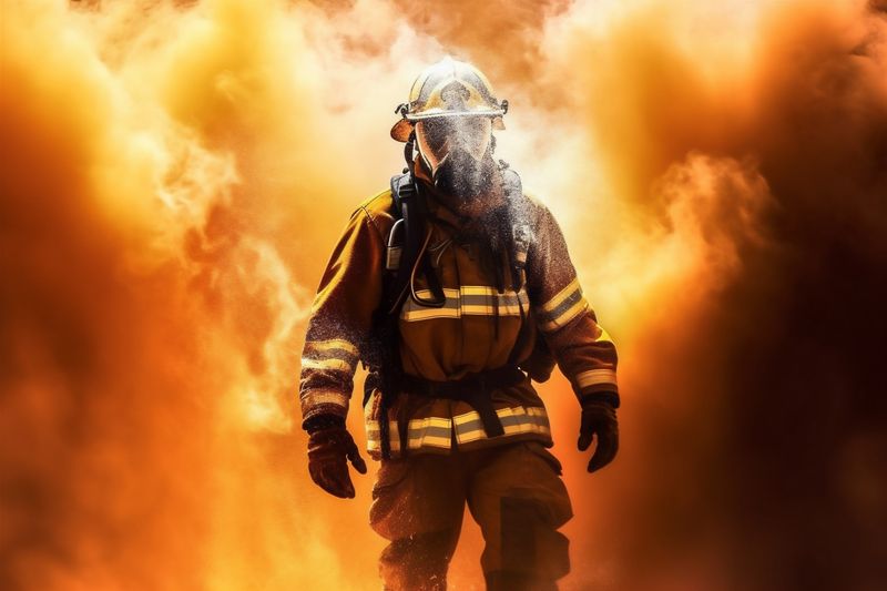 emergency firefighter smoke equipment fireman uniform rescue fire safety fighter. Generative AI.