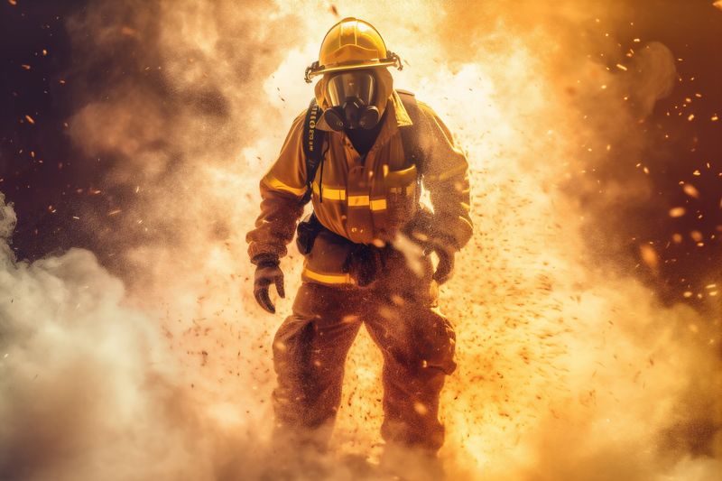 smoke fighter fire rescue uniform emergency safety equipment fireman firefighter. Generative AI.