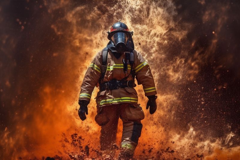 equipment fireman safety fighter firefighter emergency rescue uniform fire smoke. Generative AI.