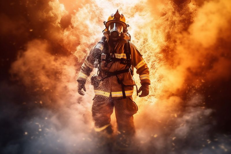 firefighter uniform equipment rescue safety smoke fire fighter fireman emergency. Generative AI.