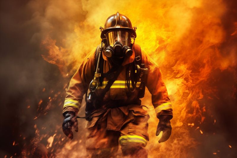 uniform emergency equipment firefighter fire safety smoke fireman fighter rescue. Generative AI.