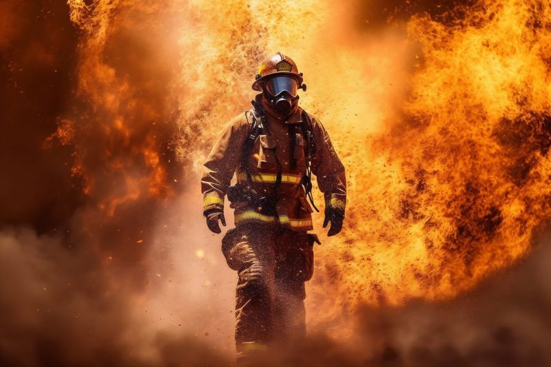 safety fire uniform firefighter emergency fireman equipment rescue smoke fighter. Generative AI.