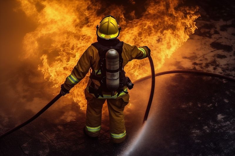 fighter uniform emergency firefighter fire fireman safety equipment smoke rescue. Generative AI.
