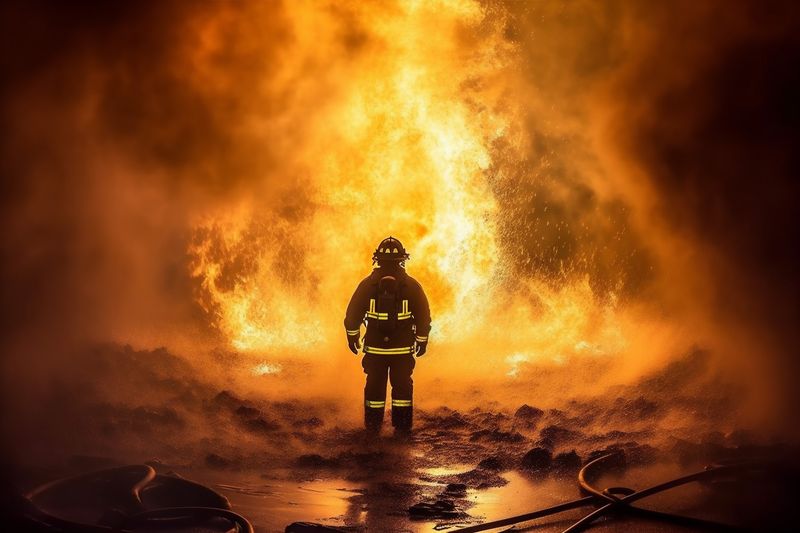 emergency fireman fire rescue equipment safety smoke fighter firefighter uniform. Generative AI.