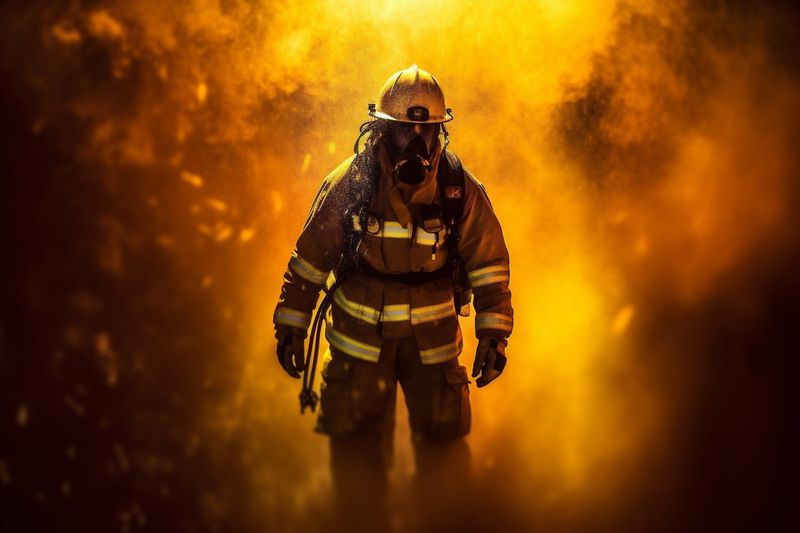 fire rescue uniform smoke firefighter equipment fighter emergency fireman safety. Generative AI.