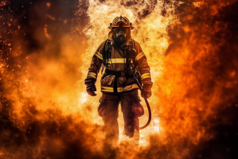 uniform rescue fireman firefighter fighter smoke safety emergency equipment fire. Generative AI.