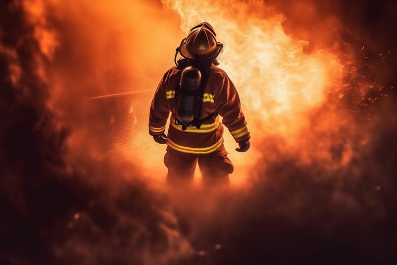 fire emergency fighter equipment firefighter safety rescue fireman uniform smoke. Generative AI.