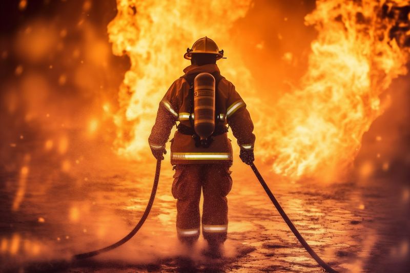 fire uniform safety emergency equipment firefighter smoke rescue fireman fighter. Generative AI.