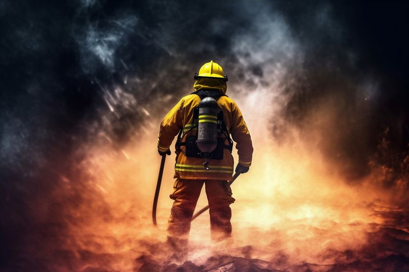 fire firefighter safety fireman emergency fighter equipment smoke rescue uniform. Generative AI.