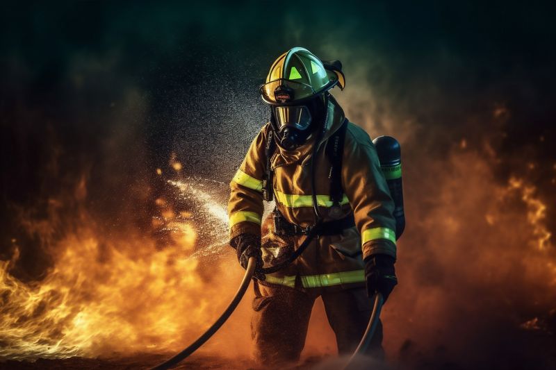 emergency fire rescue safety smoke uniform fireman fighter firefighter equipment. Generative AI.
