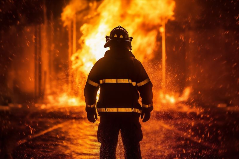 uniform firefighter fighter fireman fire smoke emergency safety equipment rescue. Generative AI.