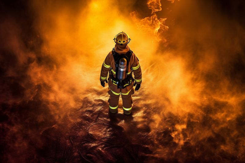 uniform firefighter fireman safety equipment smoke rescue emergency fire fighter. Generative AI.