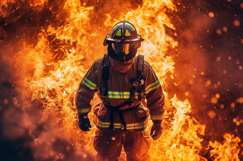 smoke fighter equipment firefighter fire uniform fireman safety rescue emergency. Generative AI.