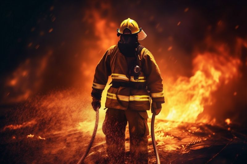 firefighter fireman fighter equipment safety uniform smoke emergency fire rescue. Generative AI.