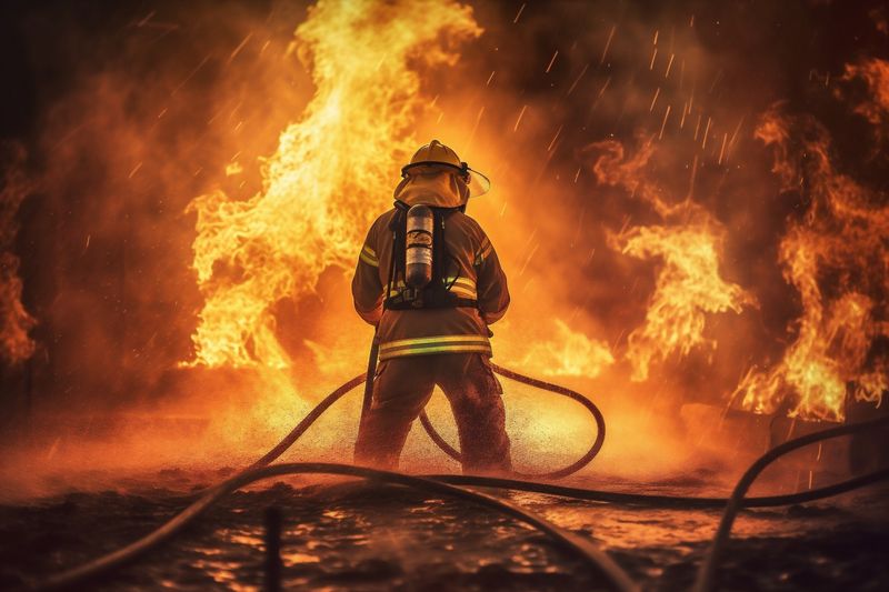 uniform fighter equipment safety firefighter fireman smoke emergency rescue fire. Generative AI.