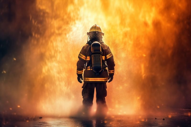 fireman equipment rescue uniform emergency fighter safety firefighter smoke fire. Generative AI.