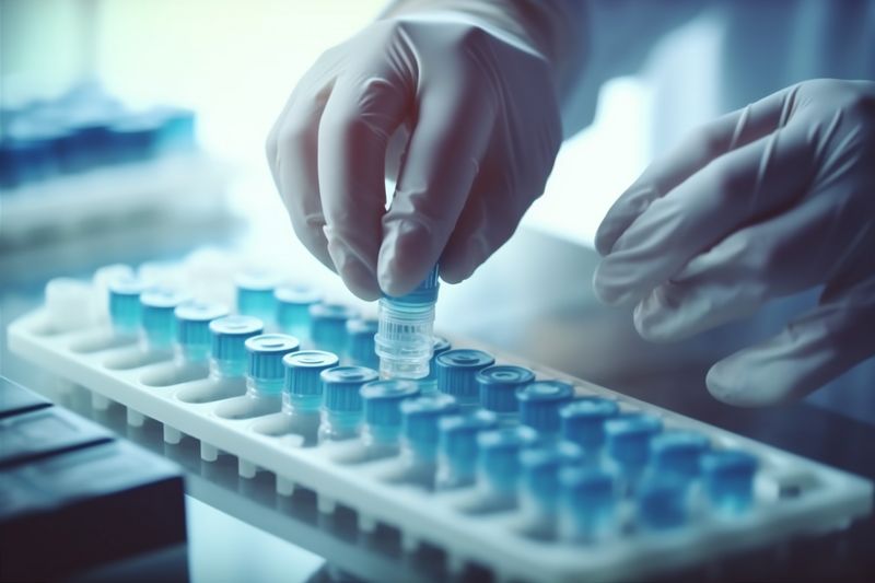 medicine biotechnology research laboratory hand tube experiment medical science test. Generative AI.