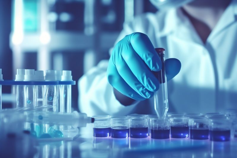 experiment research hand medical laboratory science biotechnology test tube medicine. Generative AI.