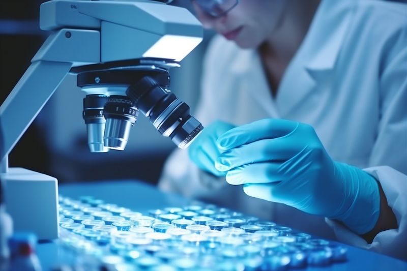 research hand medicine test medical science laboratory biotechnology tube experiment. Generative AI.