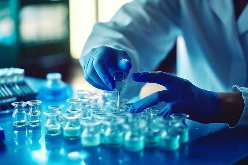 biotechnology experiment science laboratory hand test tube medical research medicine. Generative AI.