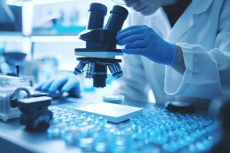 experiment medical research test medicine science biotechnology laboratory tube hand. Generative AI.