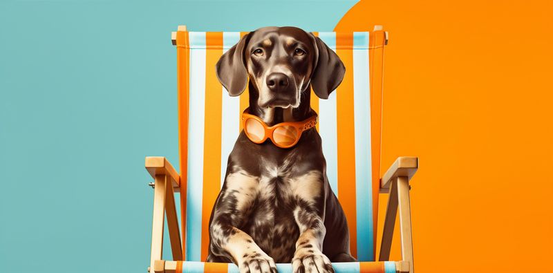 funny dog summer lazy relax chair beach vacation sunglasses pet. Generative AI.
