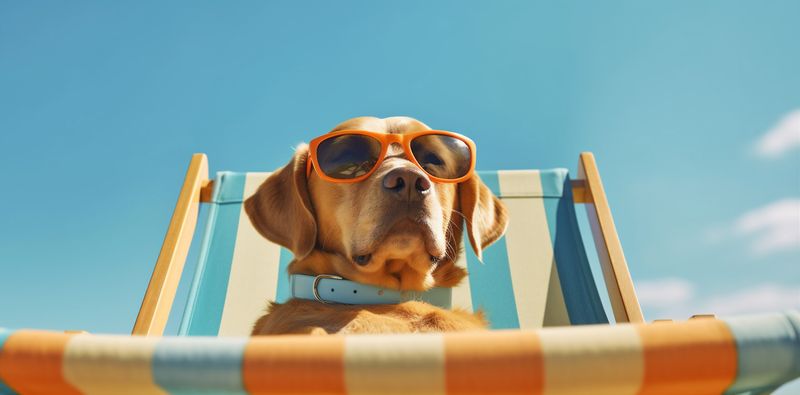 dog lazy funny relax chair summer vacation pet beach sunglasses. Generative AI.