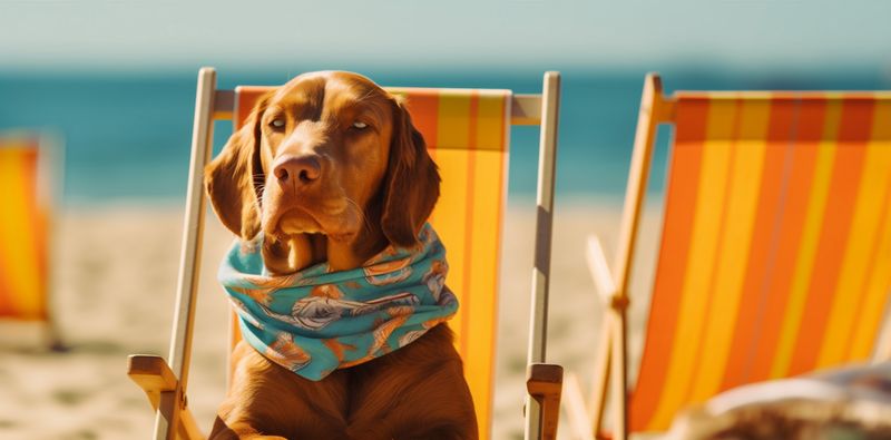 dog relax summer funny chair lazy beach sunglasses vacation pet. Generative AI.