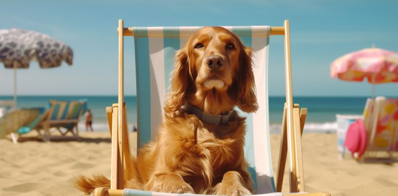 pet dog beach summer vacation sunglasses chair funny relax lazy. Generative AI.