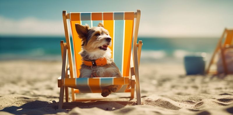 summer dog sunglasses funny lazy relax pet vacation chair beach. Generative AI.