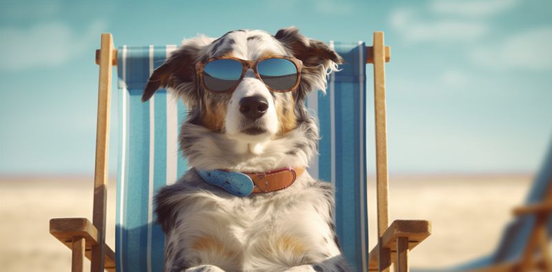 dog funny beach relax vacation summer pet lazy chair sunglasses. Generative AI.