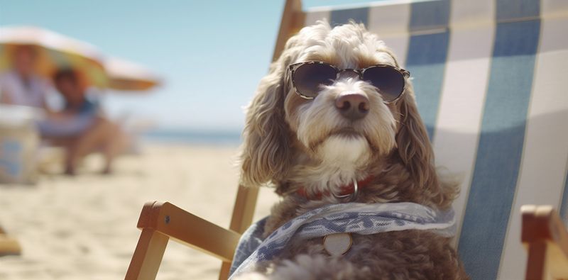 beach dog chair vacation relax summer lazy funny sunglasses pet. Generative AI.