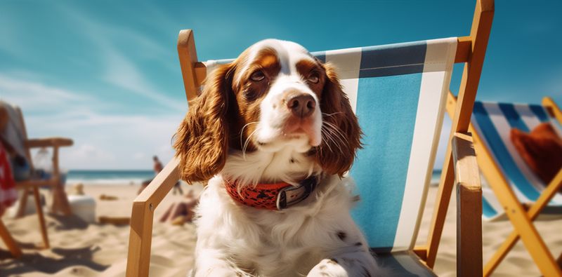 sunglasses dog summer beach chair funny vacation relax lazy pet. Generative AI.