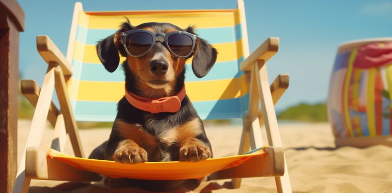 funny dog pet lazy relax chair beach sunglasses vacation summer. Generative AI.