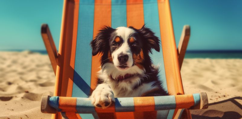 vacation dog chair pet sunglasses funny beach lazy relax summer. Generative AI.
