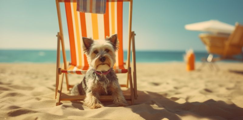dog beach chair lazy pet relax vacation summer funny sunglasses. Generative AI.