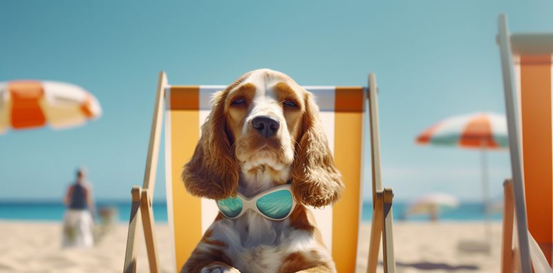 funny dog beach lazy pet chair vacation summer relax sunglasses. Generative AI.