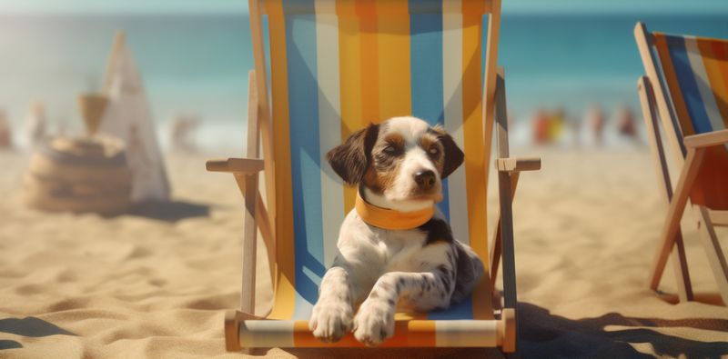 dog sunglasses pet chair vacation beach relax funny summer lazy. Generative AI.