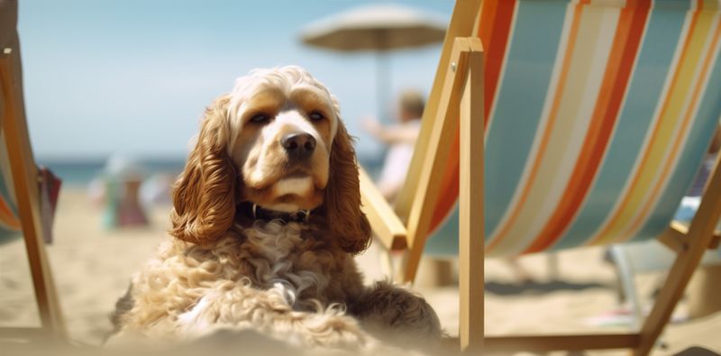 chair dog beach funny summer relax lazy vacation sunglasses pet. Generative AI.
