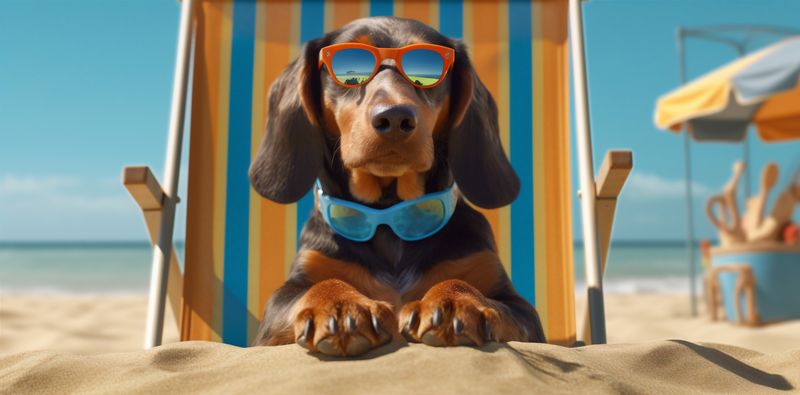 pet dog lazy sunglasses beach relax vacation summer chair funny. Generative AI.