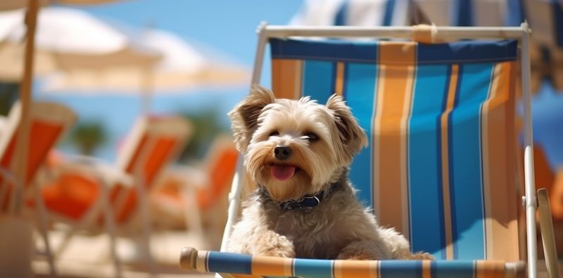 sunglasses dog chair pet lazy relax beach vacation funny summer. Generative AI.