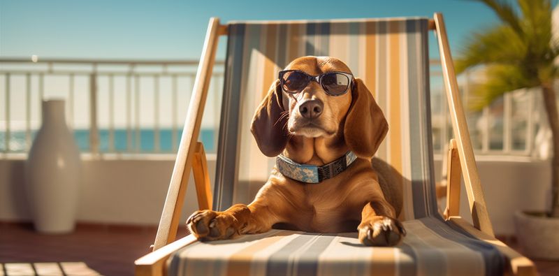 relax dog funny pet sunglasses lazy vacation beach chair summer. Generative AI.
