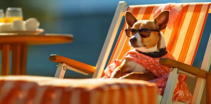 beach dog vacation sunglasses lazy pet summer funny relax chair. Generative AI.