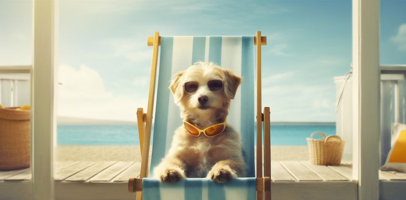dog chair beach funny sunglasses vacation summer relax lazy pet. Generative AI.