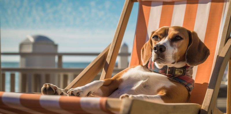 relax dog vacation summer pet chair funny lazy beach sunglasses. Generative AI.