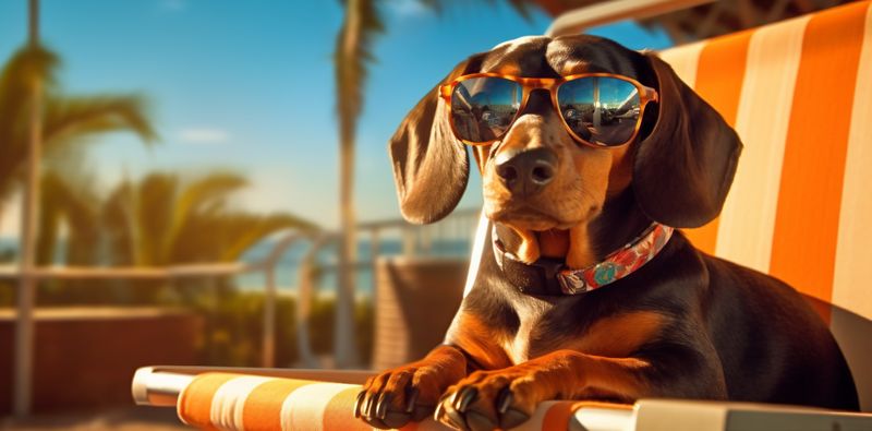 dog funny relax pet lazy beach sunglasses vacation summer chair. Generative AI.