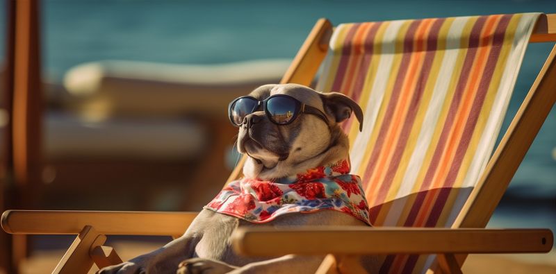 dog beach summer vacation sunglasses lazy chair pet relax funny. Generative AI.