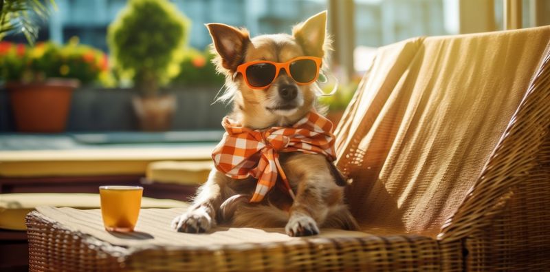 dog lazy chair relax beach sunglasses pet summer vacation funny. Generative AI.