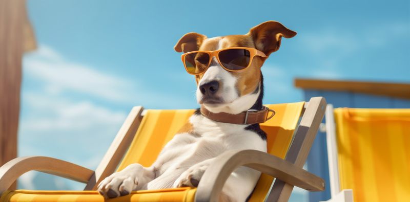 dog sunglasses summer pet relax vacation chair beach lazy funny. Generative AI.